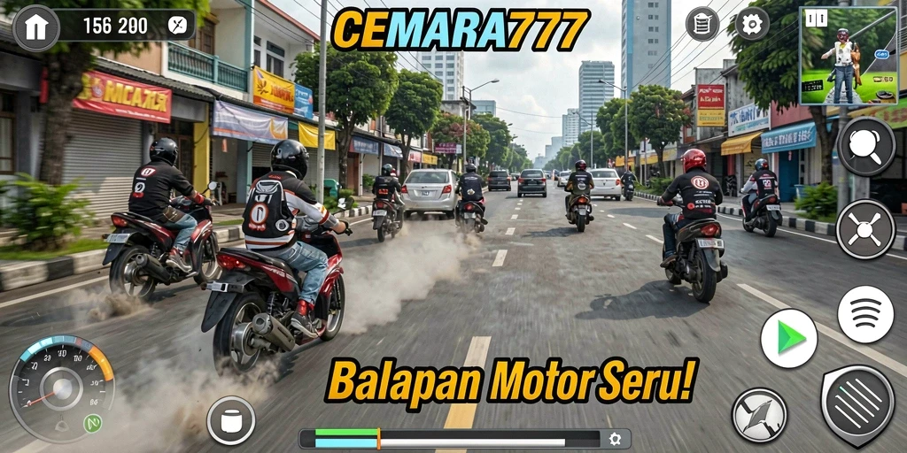 Tampilan gameplay seru CEMARA777 dengan aksi balapan motor.