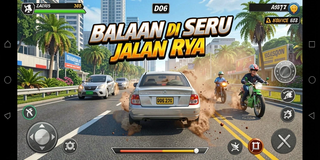 Gameplay D06 menampilkan balapan mendebarkan dengan mobil cepat.