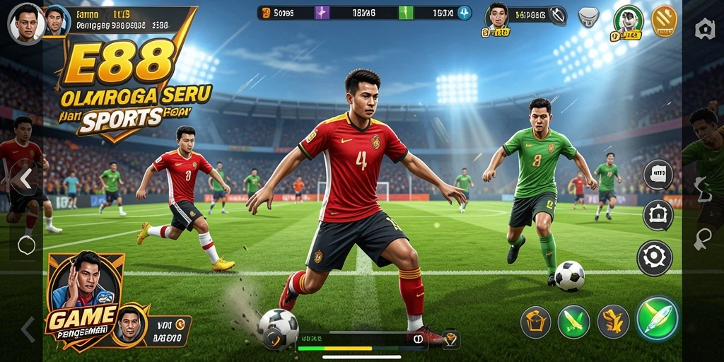Screenshot utama E88 yang menunjukkan gameplay olahraga yang dinamis.