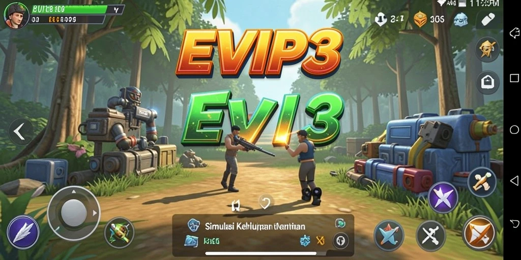 Screenshot gameplay EVIP3 yang menunjukkan interaksi karakter dan lingkungan.