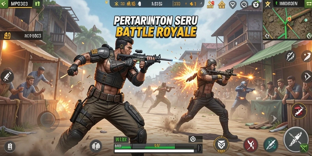 Screenshot gameplay MPO303 menampilkan aksi mendebarkan dalam pertempuran Battle Royale.