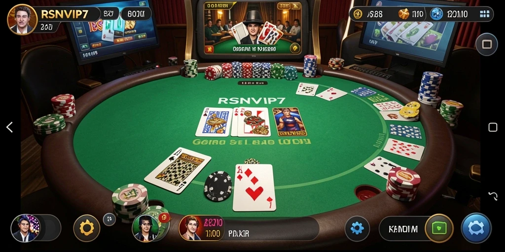 Screenshot gameplay RSNVIP7 menampilkan suasana meja Poker yang seru.