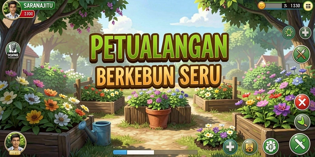 Screenshot gameplay SARANAJITU menampilkan suasana berkebun yang memikat.