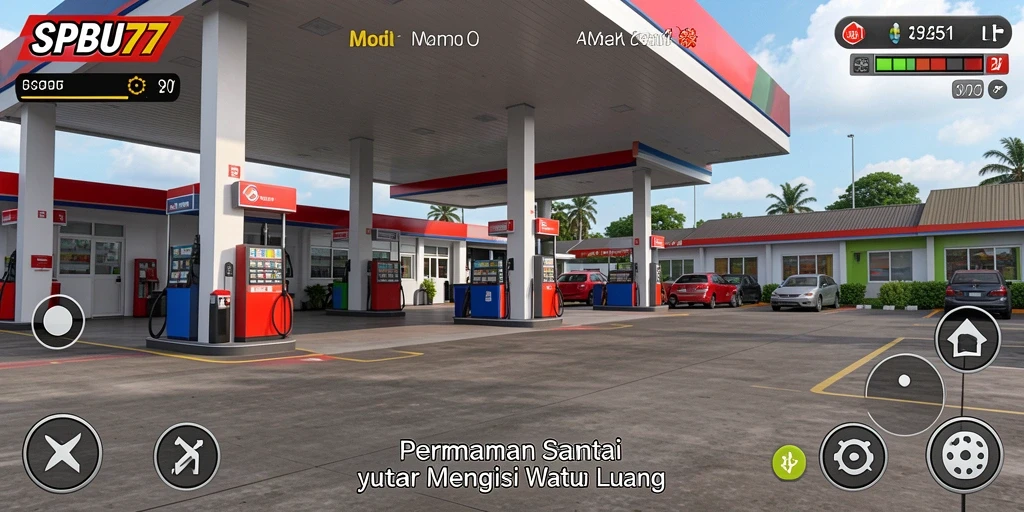 Screenshot gameplay SPBU77 menampilkan pengelolaan stasiun yang seru.