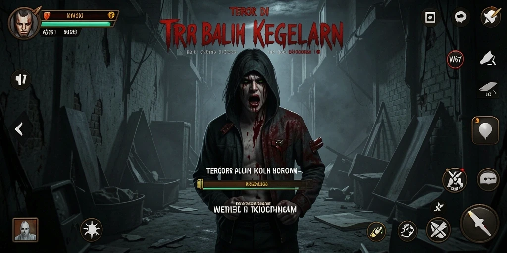 Screenshot gameplay W67 menampilkan suasana horor yang menyeramkan.